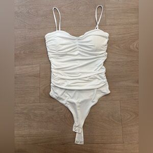 Express White Ruched Spaghetti Strap Thong Bottom Bodysuit